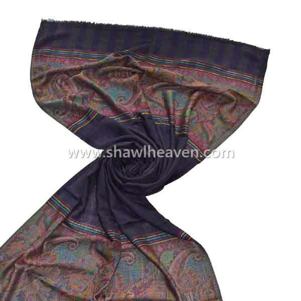 Dark blue wool jacquard scarf with frayed hem, punjab shawls & scarves